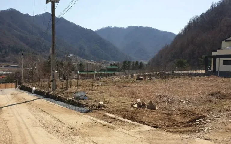 전원주택 부지, 인근에 통신주, 전봇대, 상수도, 하수도, 진입로가 있습니다